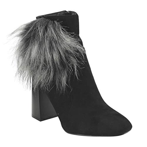 Cape Robbin Bernice-2 Black Faux Fur Ankle High Stacked Block Heel Booties