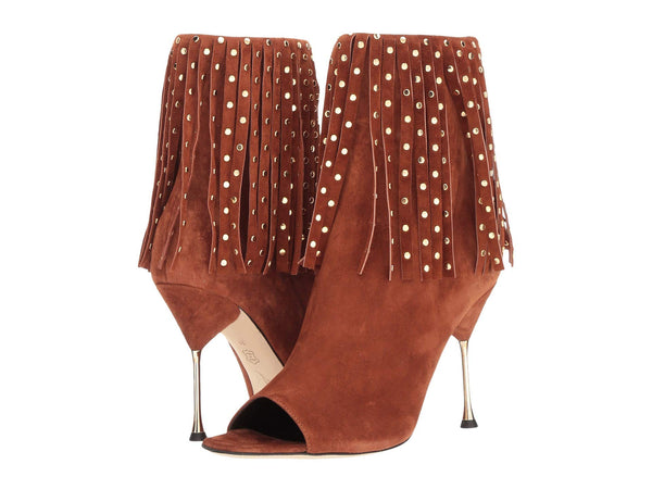 Brian Atwood SOPHIA, Studded Fringe Open Toe High Heel Bootie, Whiskey