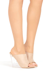 Cape Robbin Cotton Candy Nude Suede Wedge Clear Lucite Sandal Open Toe Mule Pumps