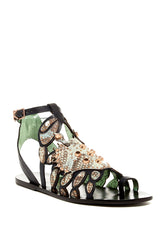 Ivy Kirzhner Scrabby Jade Pearl Mamba Leather Embellished Gladiator Flat Sandals