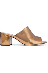 Schutz Aylane Bronze Metallic Mule Leather Block Heel Slip On Open Toe Sandals