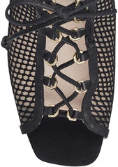 Louise Et Cie KALYPSO Black Leather Peep-Toe Fishnet Details Lace-Up Boots